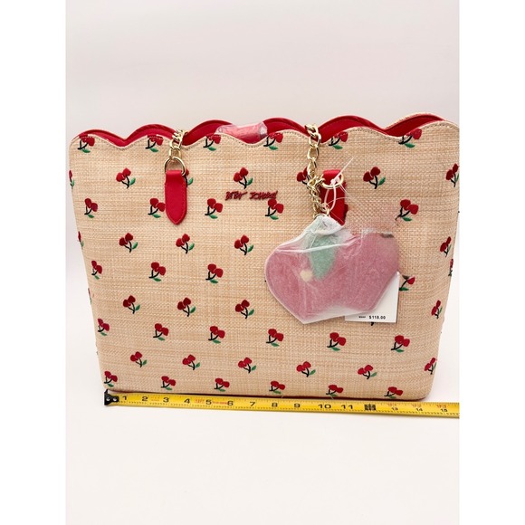 Betsey Johnson Cherry Print Straw Tote Bag Red Scalloped Top Chain Straps Charm - Picture 10 of 10